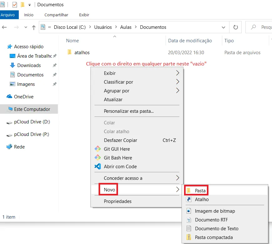 Menu de contexto do Explorador com as opções Novo e Pasta destacadas