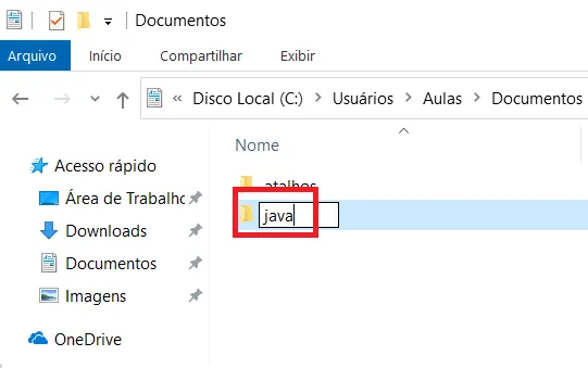 Nova pasta sendo nomeada como java dentro de Documentos