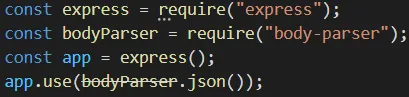 Editor exibindo a chamada bodyParser.json() riscada, indicando uso obsoleto