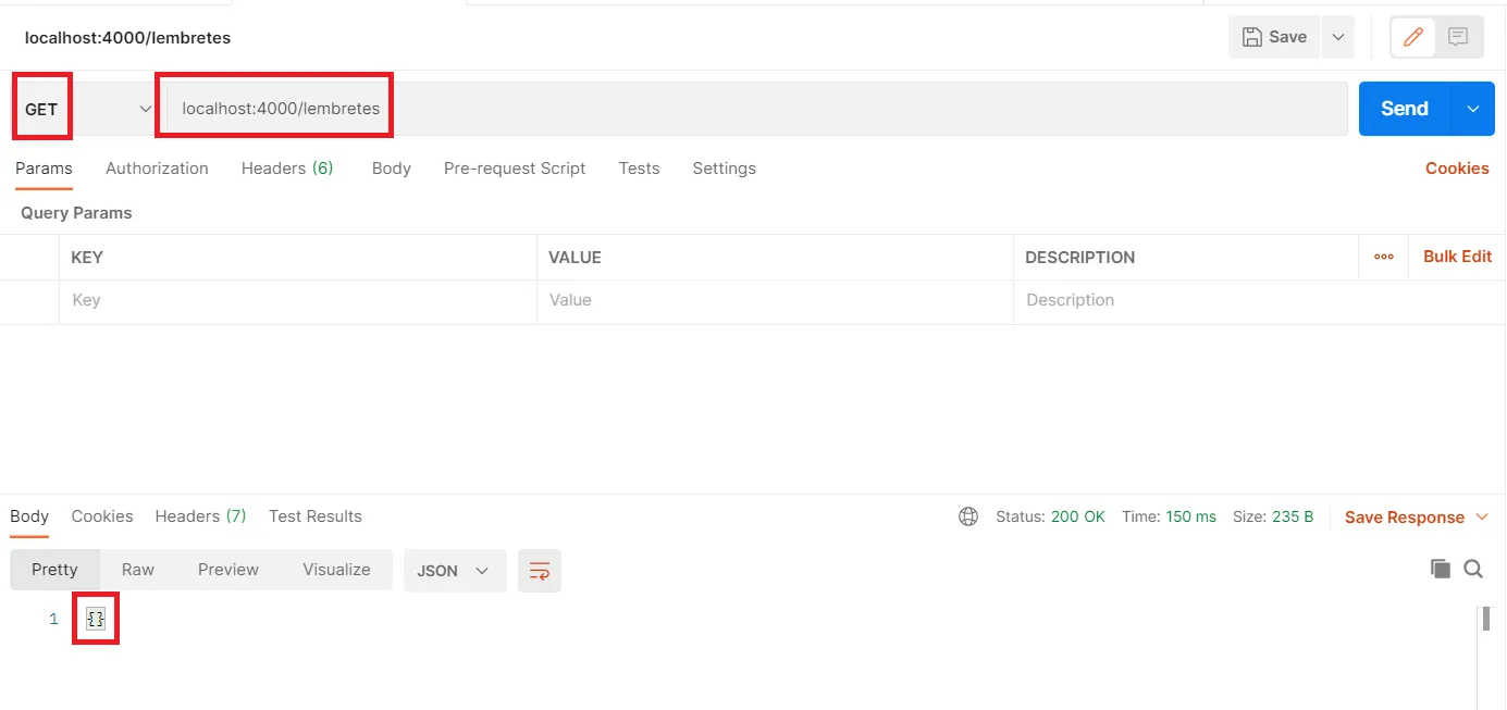 Postman com uma requisição GET para localhost:4000/lembretes e a resposta {} destacada