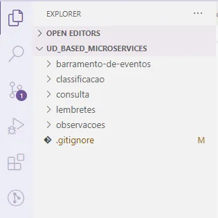 Explorador do VS Code mostrando as pastas barramento-de-eventos, classificacao, consulta, lembretes e observacoes lado a lado no workspace