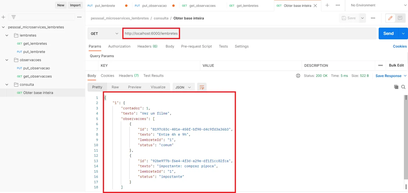 Postman com um GET em localhost:6000/lembretes e a resposta com o lembrete e suas observações classificadas destacada