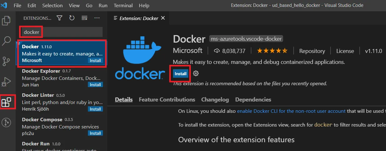VS Code com a busca por docker no painel de extensões, a extensão Docker da Microsoft selecionada e o botão Install destacados
