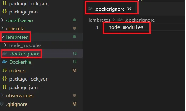 Explorador do VS Code com a pasta lembretes aberta mostrando os arquivos .dockerignore e Dockerfile, e o .dockerignore aberto contendo node_modules