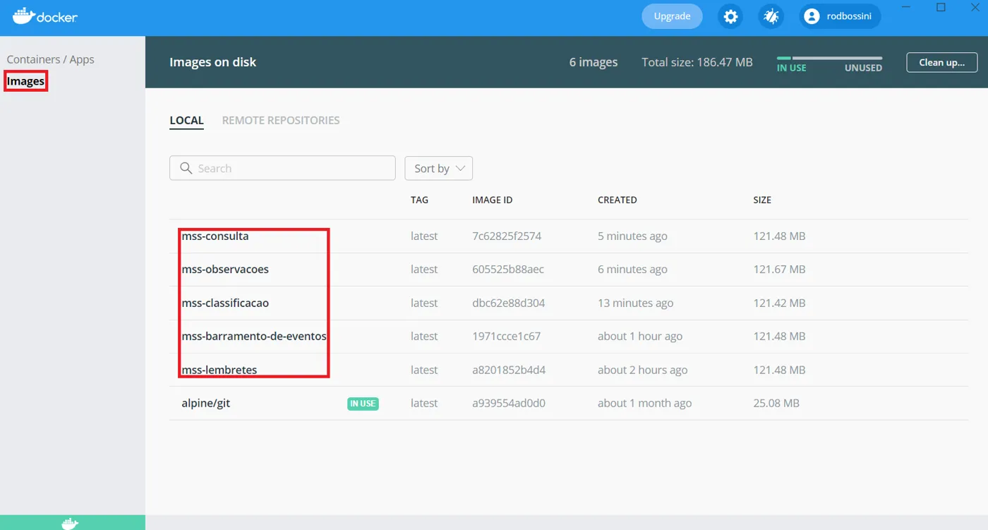 Docker Desktop na seção Images com as imagens mss-lembretes, mss-observacoes, mss-consulta, mss-classificacao e mss-barramento-de-eventos destacadas
