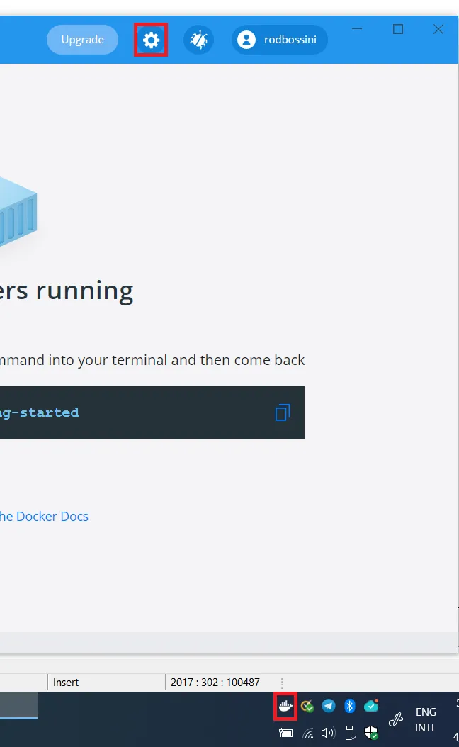 Menu do Docker Desktop aberto a partir da system tray, com o botão de configurações destacado