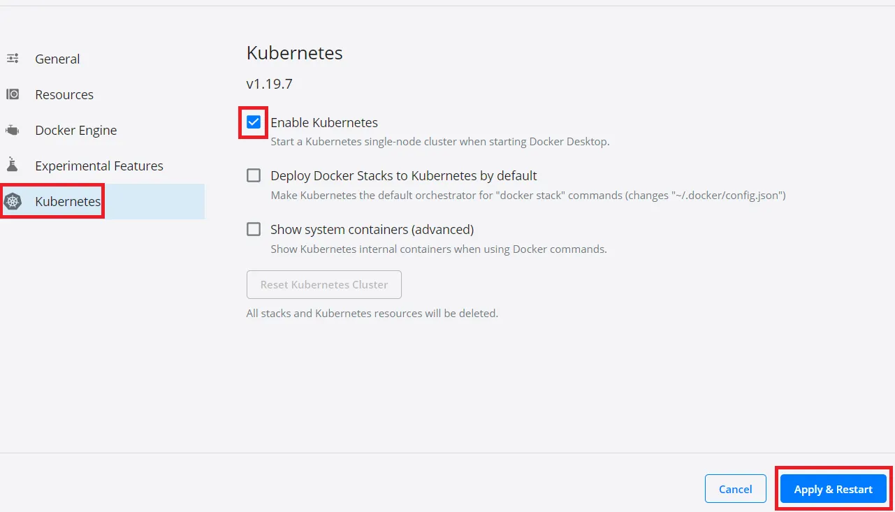 Configurações do Docker Desktop na opção Kubernetes, com a caixa Enable Kubernetes marcada e o botão Apply & Restart destacados