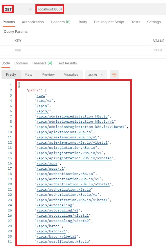 Postman com um GET em localhost:8001 e a resposta JSON com a lista de caminhos (paths) da API do Kubernetes destacada