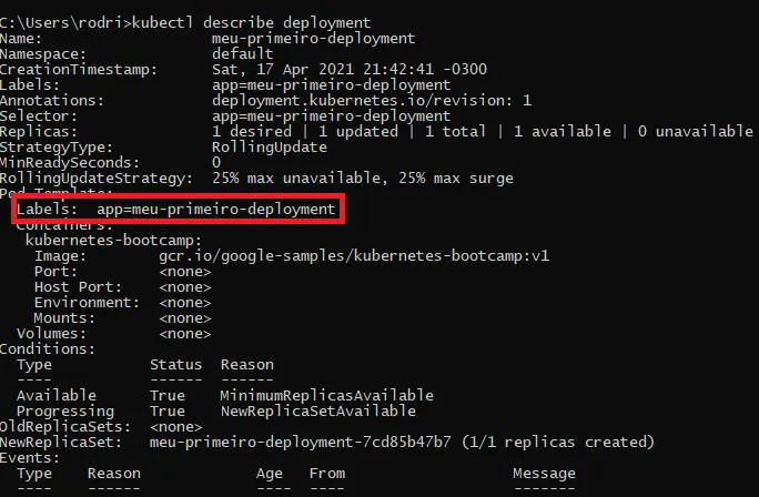 Saída do kubectl describe deployment com a linha Labels: app=meu-primeiro-deployment destacada