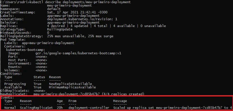 Saída do kubectl describe deployments com a seção Events destacada, mostrando o ReplicaSet escalado para 4