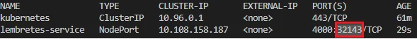 Saída do kubectl get services com o lembretes-service do tipo NodePort e a porta externa 32143 destacada em 4000:32143/TCP