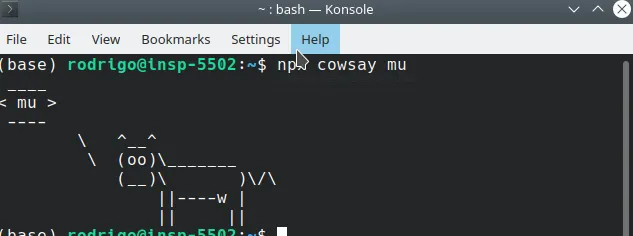 Terminal após executar npx cowsay mu: a vaca desenhada em caracteres ASCII com um balão de fala contendo "mu"