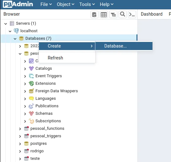 Menu de contexto de Databases com Create e Database destacados