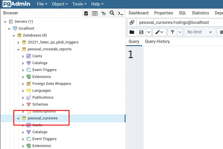 Árvore do pgAdmin com a base pessoal_cursores selecionada e o Query Tool aberto sobre ela