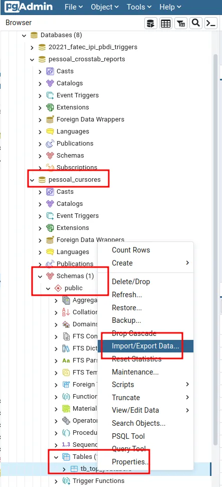 Árvore do pgAdmin com Schemas, public, Tables e tb_top_youtubers, e o menu de contexto com Import/Export Data destacado