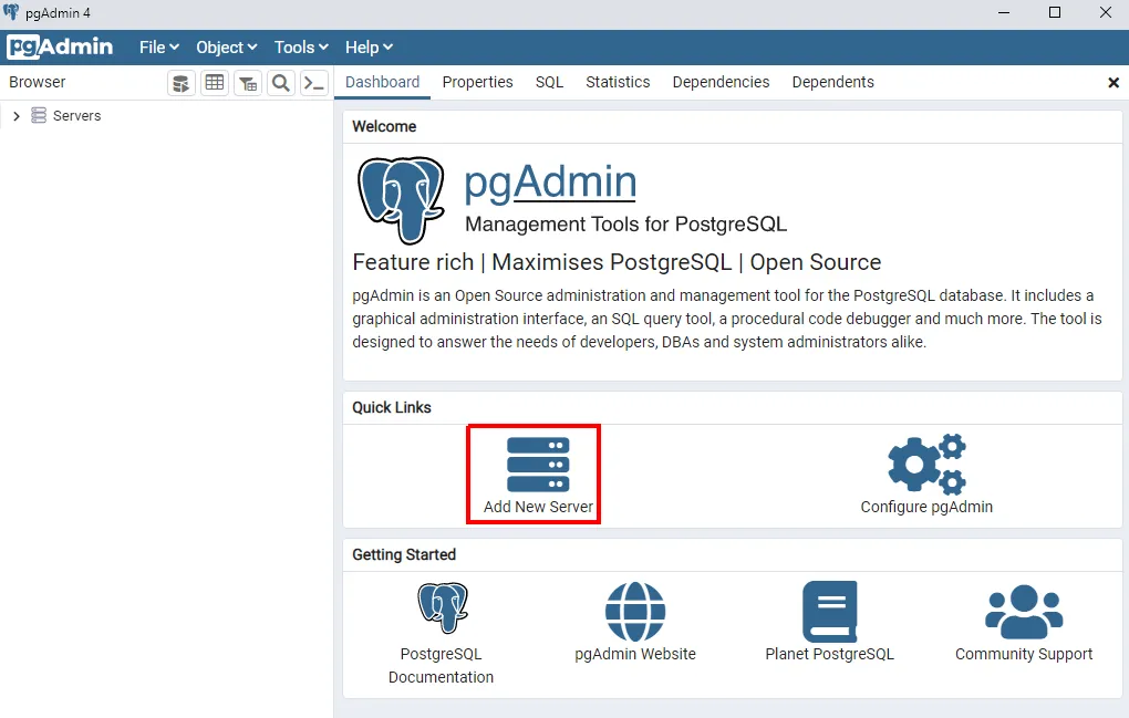 Tela inicial do pgAdmin 4 com o atalho Add New Server destacado em Quick Links