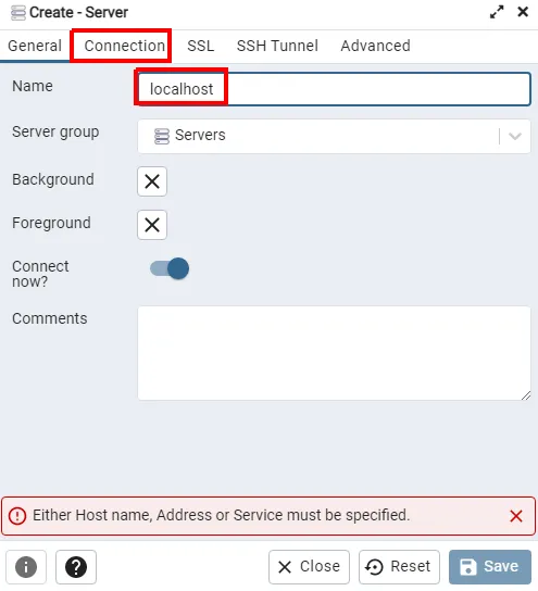 Janela Create - Server, aba General, com o nome localhost preenchido e a aba Connection destacada