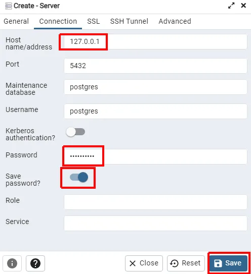 Aba Connection com Host 127.0.0.1, porta 5432, banco de manutenção postgres, usuário postgres, a senha preenchida e a opção Save password ativada; botão Save destacado