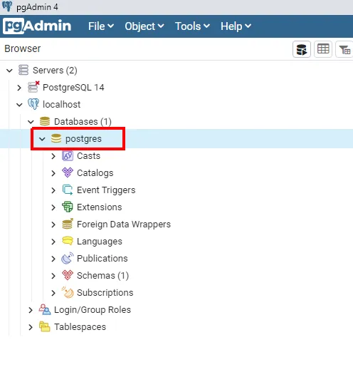 Árvore do pgAdmin com Servers, localhost, Databases e a base postgres destacada