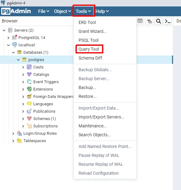 Menu Tools do pgAdmin aberto com a opção Query Tool destacada