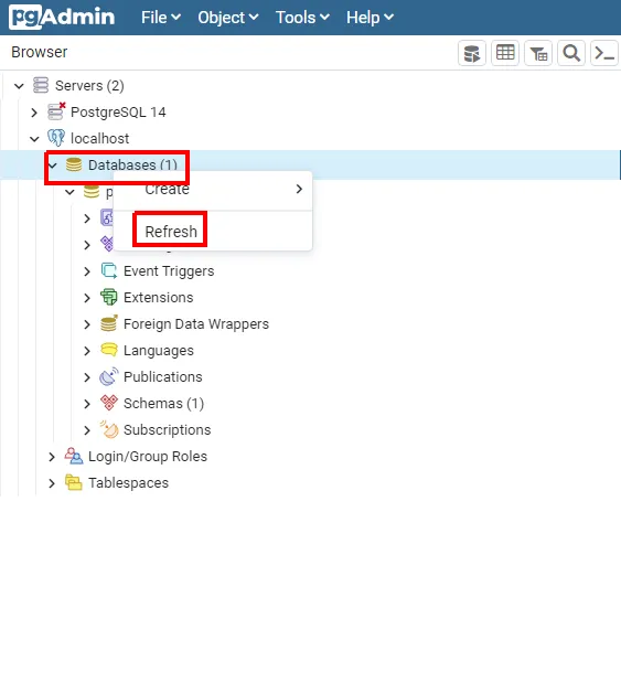 Menu de contexto de Databases com a opção Refresh destacada