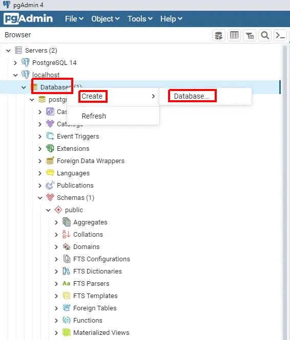 Árvore do pgAdmin com o menu de contexto de Databases aberto em Create e Database destacados