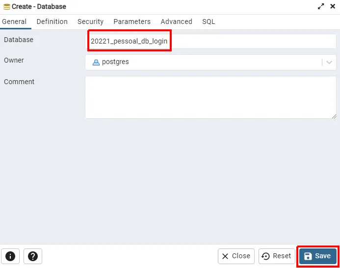 Janela Create - Database com o nome 20221_pessoal_db_login e o botão Save destacados