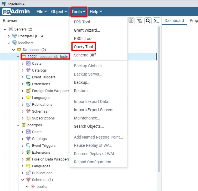 Base 20221_pessoal_db_login selecionada na árvore e o menu Tools aberto com Query Tool destacado