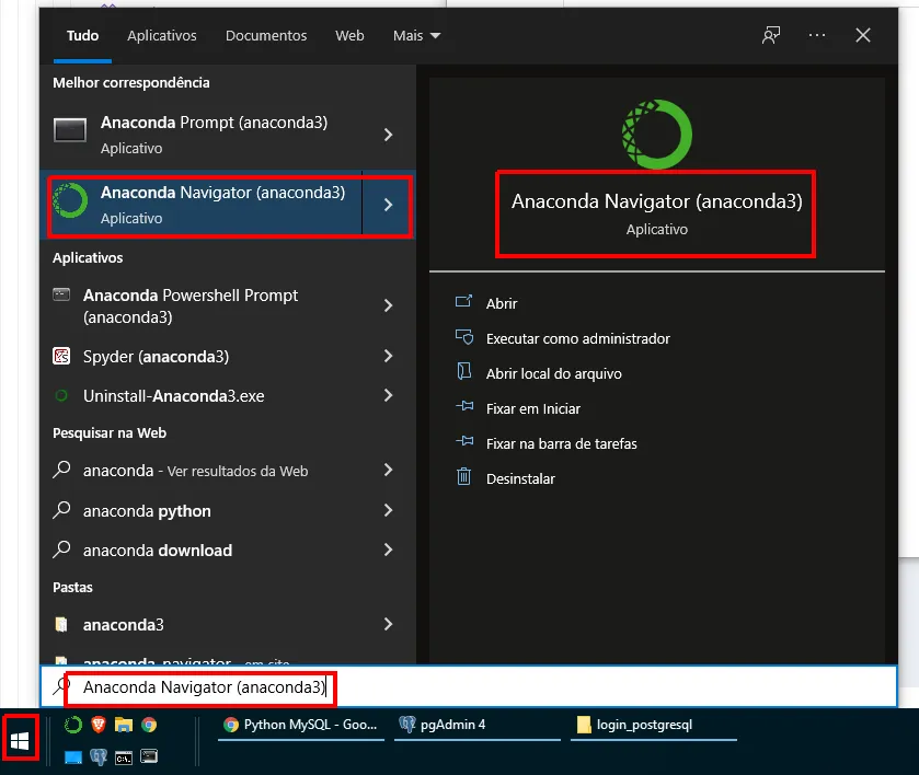 Menu Iniciar do Windows com a busca por Anaconda Navigator (anaconda3) destacada
