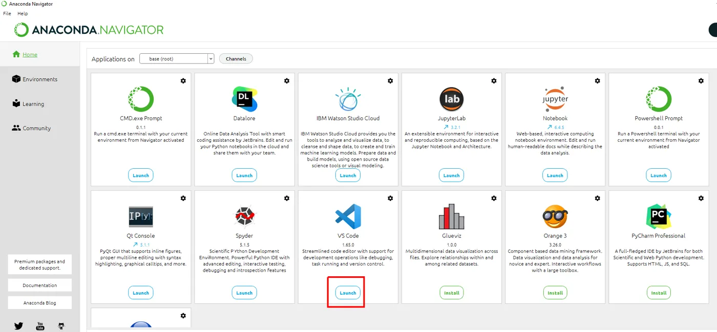 Tela inicial do Anaconda Navigator com os aplicativos disponíveis e o botão Launch do VS Code destacado