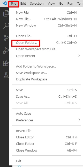 Menu File do VS Code aberto com a opção Open Folder destacada