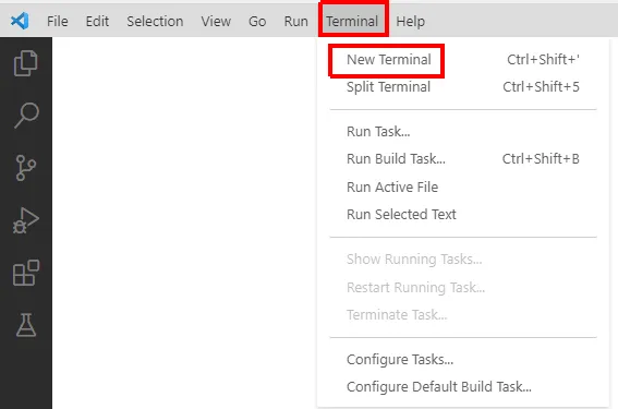 Menu Terminal do VS Code com a opção New Terminal destacada