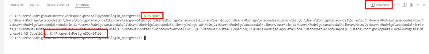Saída de $Env:path terminando com C:\Progra~1\PostgreSQL\14\bin, destacado