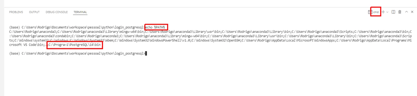 Saída de echo %PATH% terminando com C:\Progra~1\PostgreSQL\14\bin, destacado