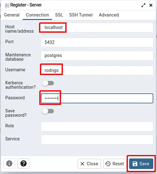 Aba Connection com Host localhost, porta 5432, usuário e senha destacados e o botão Save