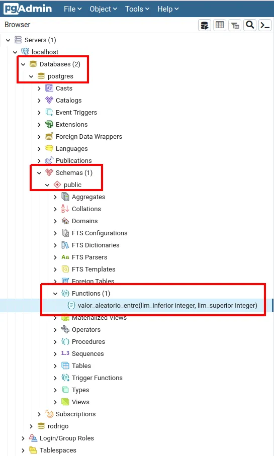Árvore do pgAdmin expandida em Databases, postgres, Schemas, public, Functions, com a função valor_aleatorio_entre(lim_inferior integer, lim_superior integer) destacada