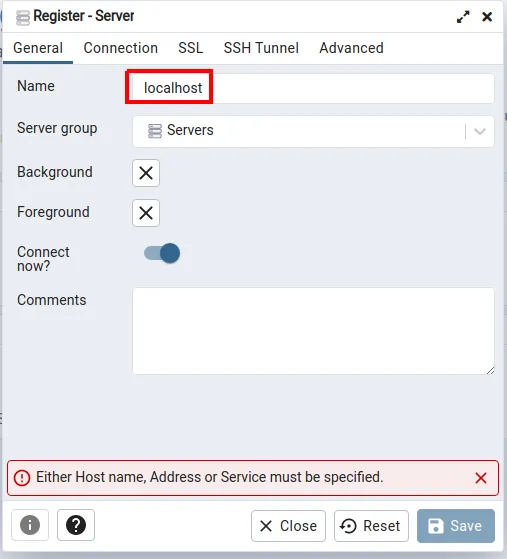 Janela Register - Server, aba General, com o nome localhost destacado