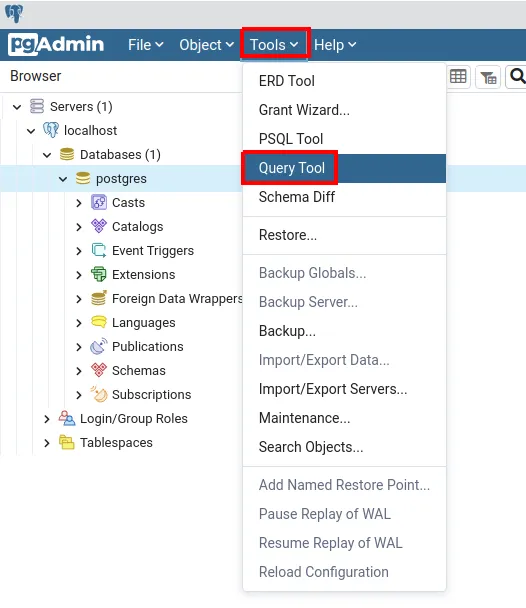 Menu Tools com a opção Query Tool destacada