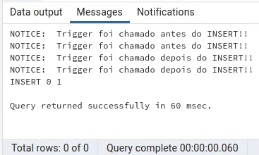 Aba Messages com dois avisos antes do INSERT e dois avisos depois do INSERT