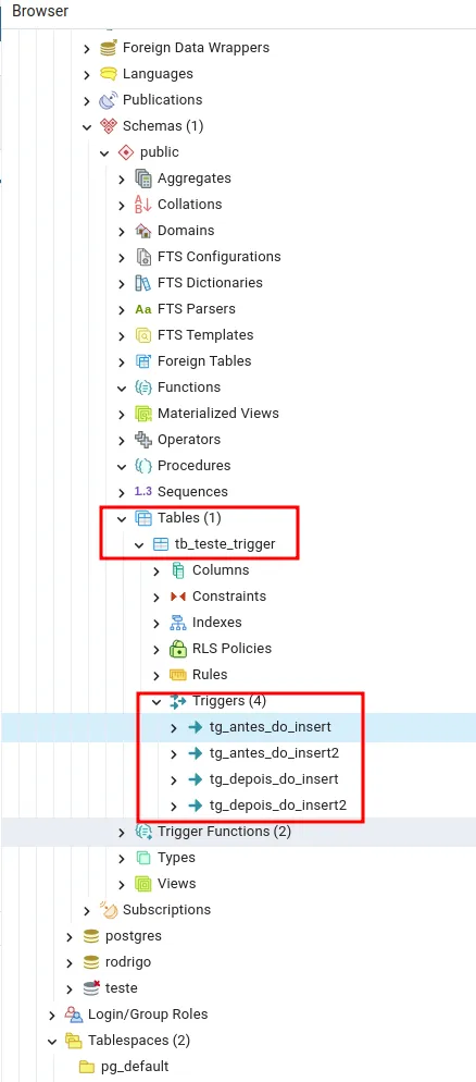 Árvore do pgAdmin com Tables, tb_teste_trigger e sua seção Triggers expandida, mostrando os quatro triggers criados