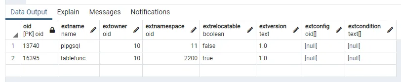 Resultado de SELECT * FROM pg_extension com duas linhas: plpgsql e tablefunc, versão 1.0