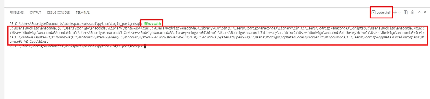 Terminal PowerShell com a saída de $Env:path