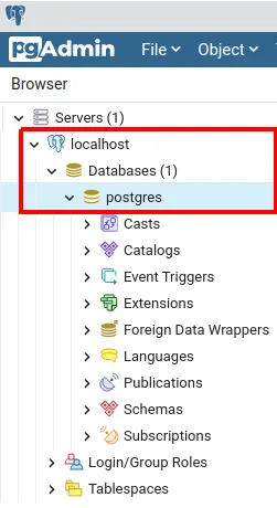 Árvore do pgAdmin com localhost, Databases e postgres destacados