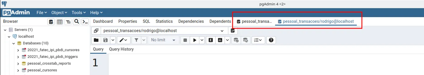 pgAdmin com duas abas de Query Tool abertas para a base pessoal_transacoes, destacadas