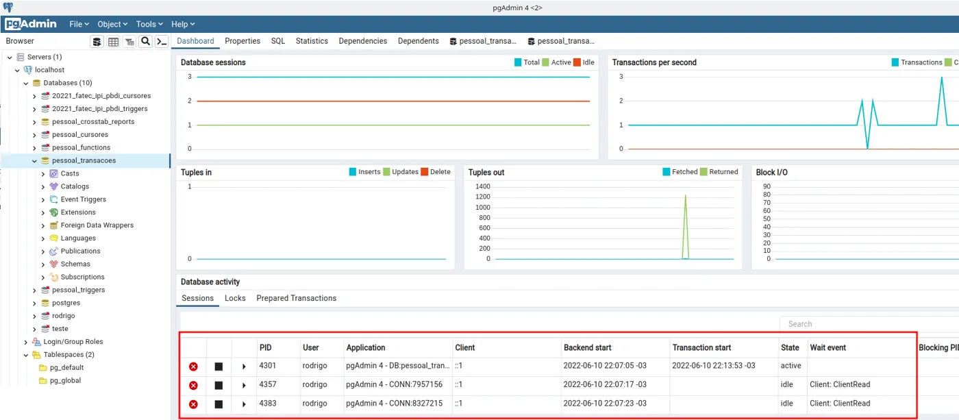 Dashboard do pgAdmin com gráficos de atividade e, destacada, a lista Server activity com três sessões abertas