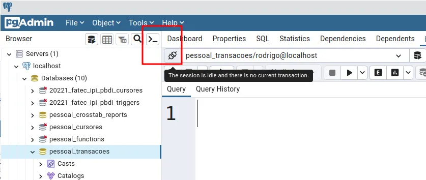 Ícone de status ao lado do nome da conexão com a dica The session is idle and there is no current transaction