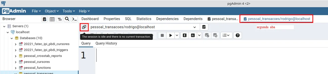 Aba da segunda conexão com o ícone de status indicando sessão ociosa, sem transação