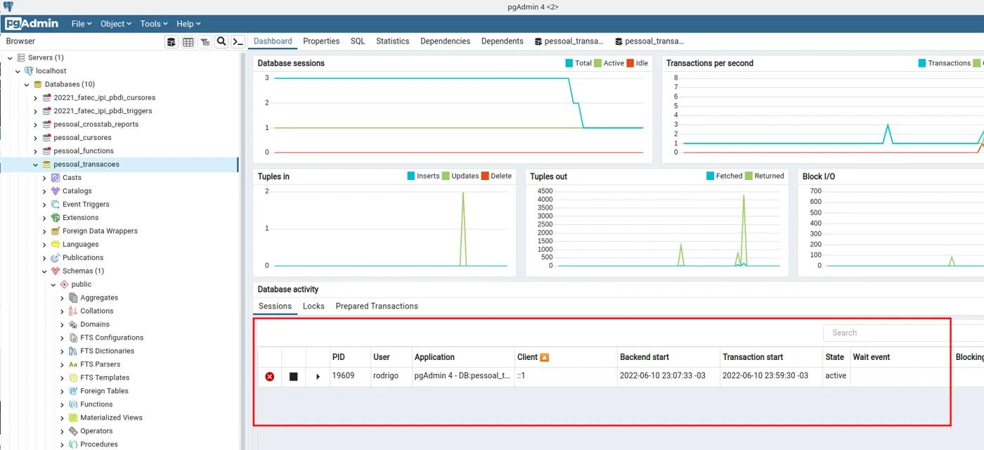 Dashboard com a lista de sessões mostrando apenas a sessão do próprio Dashboard