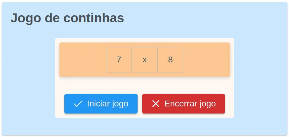 Cartão "Jogo de continhas" exibindo a conta 7 x 8 e os botões "Iniciar jogo" e "Encerrar jogo"