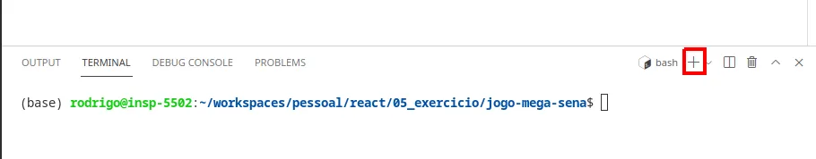 Painel TERMINAL do VS Code com o botão + (novo terminal) destacado